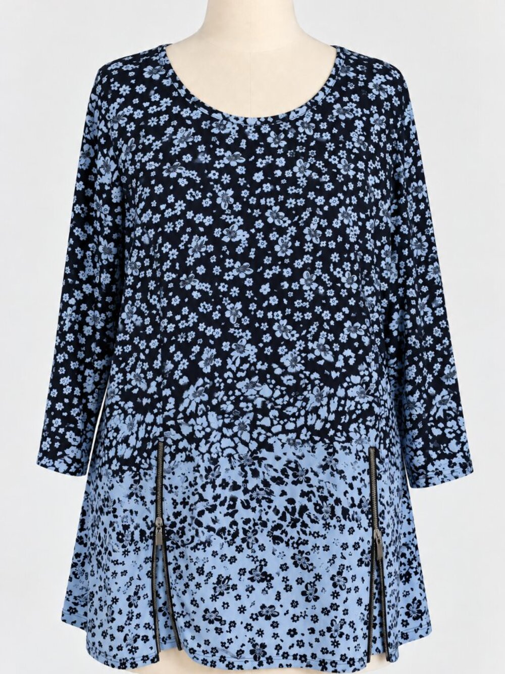 NWT Avenue Studio Floral Tunic Top 22/24 Blue Black Zip Detail Plus Size